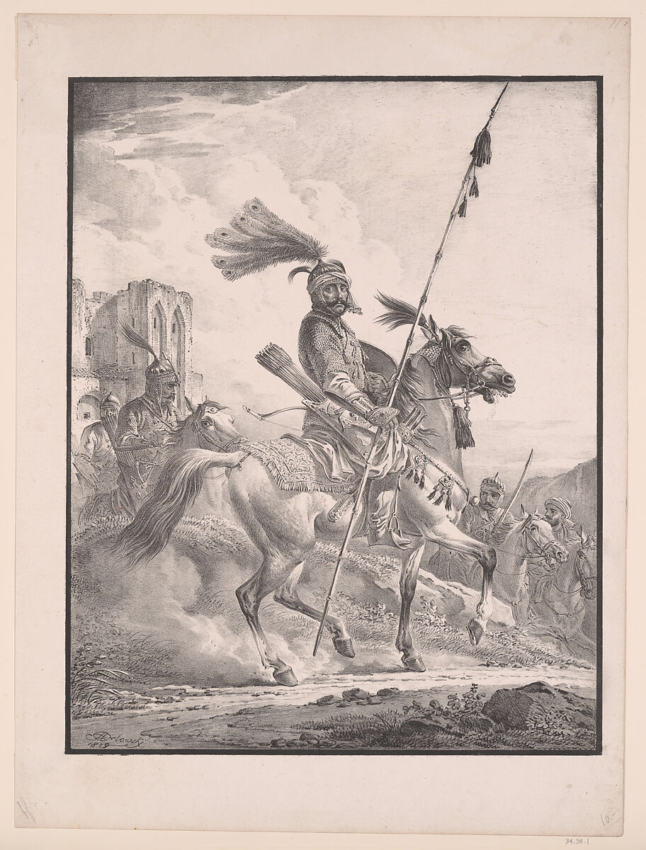 Kurd in military armor on horseback, Aleksandr Orlovsky (Russian, Warsaw 1777–1832 St. Petersburg), Lithograph 
