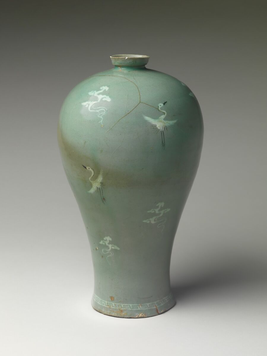 Maebyeong (plum bottle) decorated with cranes and clouds, Stoneware with inlaid decoration under celadon glaze, Korea