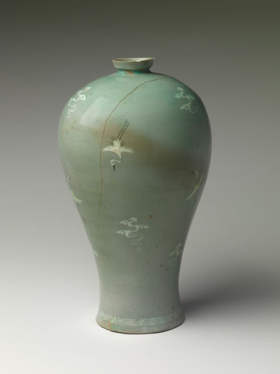 Maebyeong (plum bottle) decorated with cranes and clouds, Stoneware with inlaid decoration under celadon glaze, Korea
