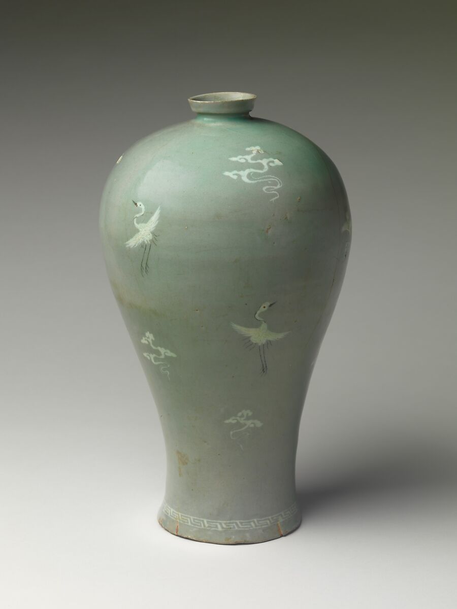 Maebyeong (plum bottle) decorated with cranes and clouds, Stoneware with inlaid decoration under celadon glaze, Korea