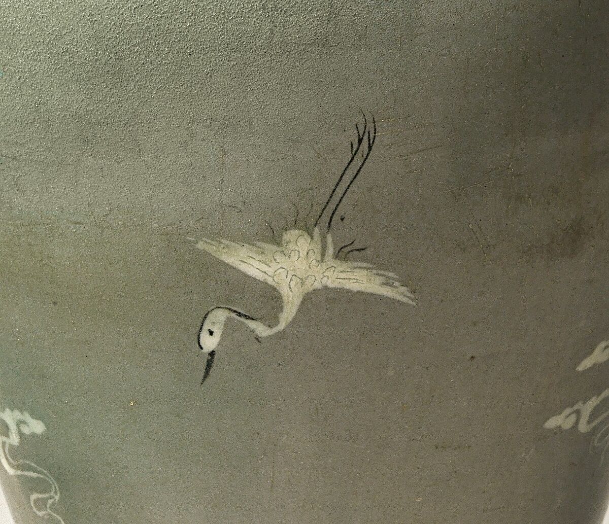 Maebyeong (plum bottle) decorated with cranes and clouds, Stoneware with inlaid decoration under celadon glaze, Korea
