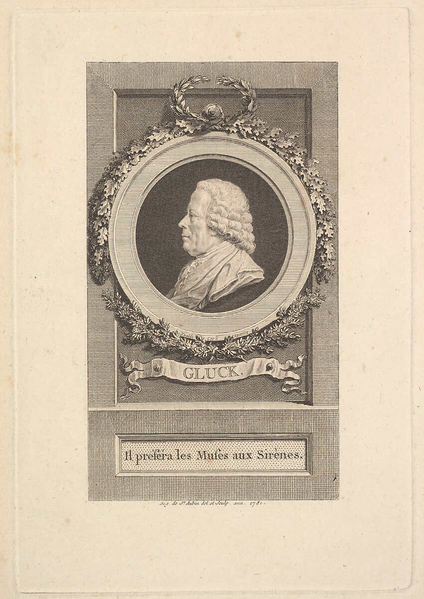 Portrait of Gluck, Augustin de Saint-Aubin (French, Paris 1736–1807 Paris), Etching and engraving; third state of three (Bocher) 