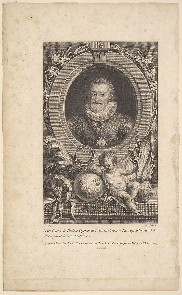 Portrait of Henri IV, Augustin de Saint-Aubin (French, Paris 1736–1807 Paris), Etching and engraving; between fourth and fifth state of five (Bocher) 