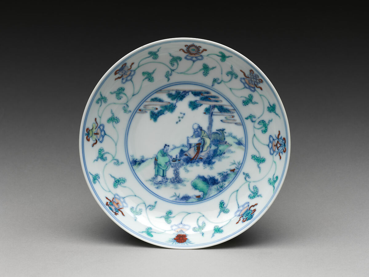 Dish with God of Longevity (Shoulao) and an attendant, Porcelain painted in underglaze cobalt blue and overglaze polychrome enamels (Jingdezhen ware), China 