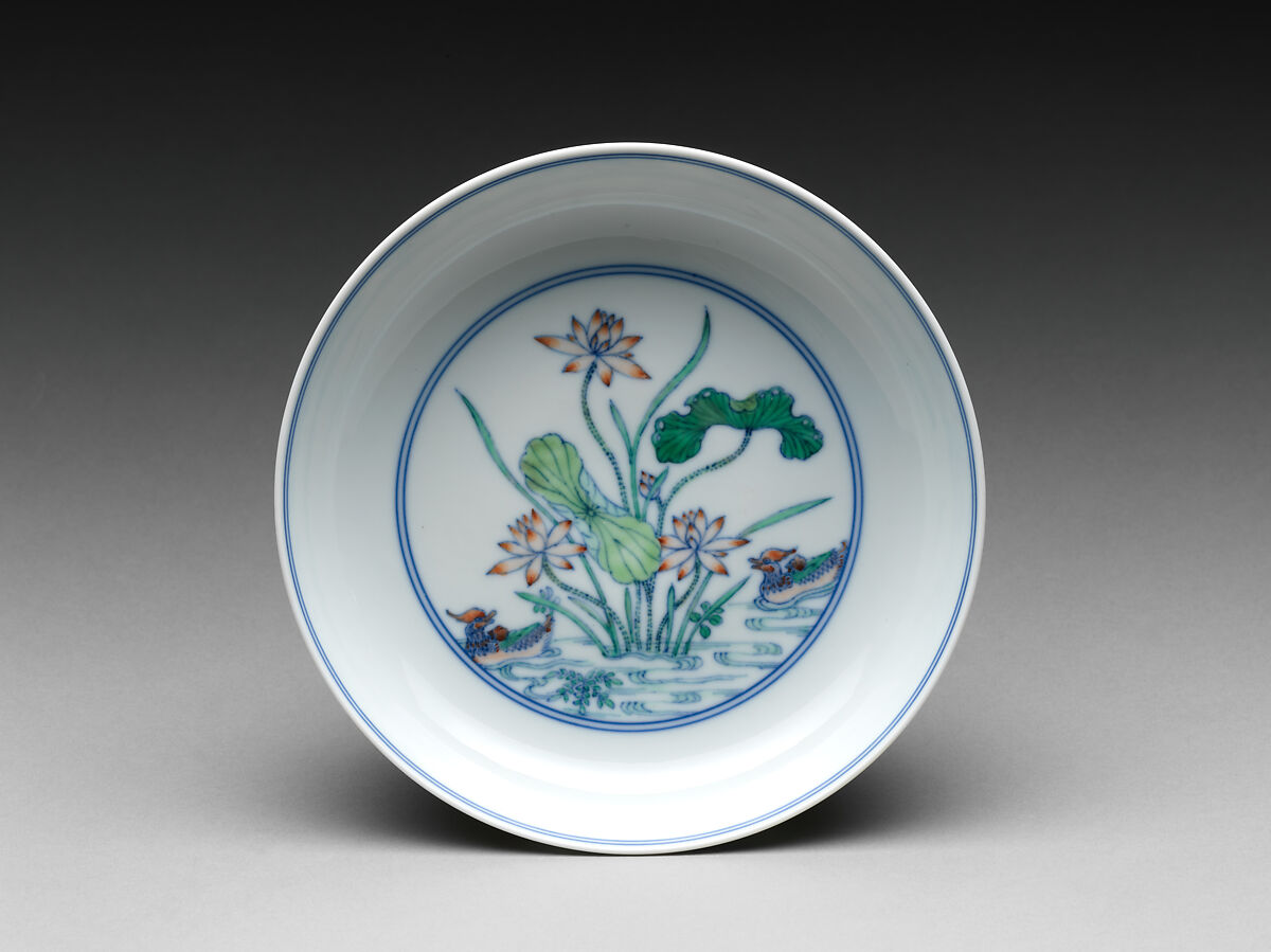Dish with Lotus Pond, Porcelain painted with cobalt blue under and colored enamels over transparent glaze (Jingdezhen ware), China 