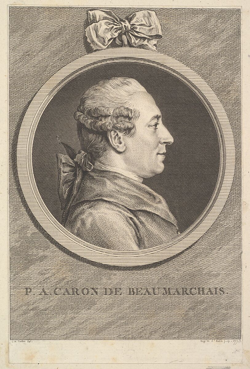 Portrait of P. A. Caron de Beaumarchais, Augustin de Saint-Aubin (French, Paris 1736–1807 Paris), Etching and engraving; second state of two (Bocher) 