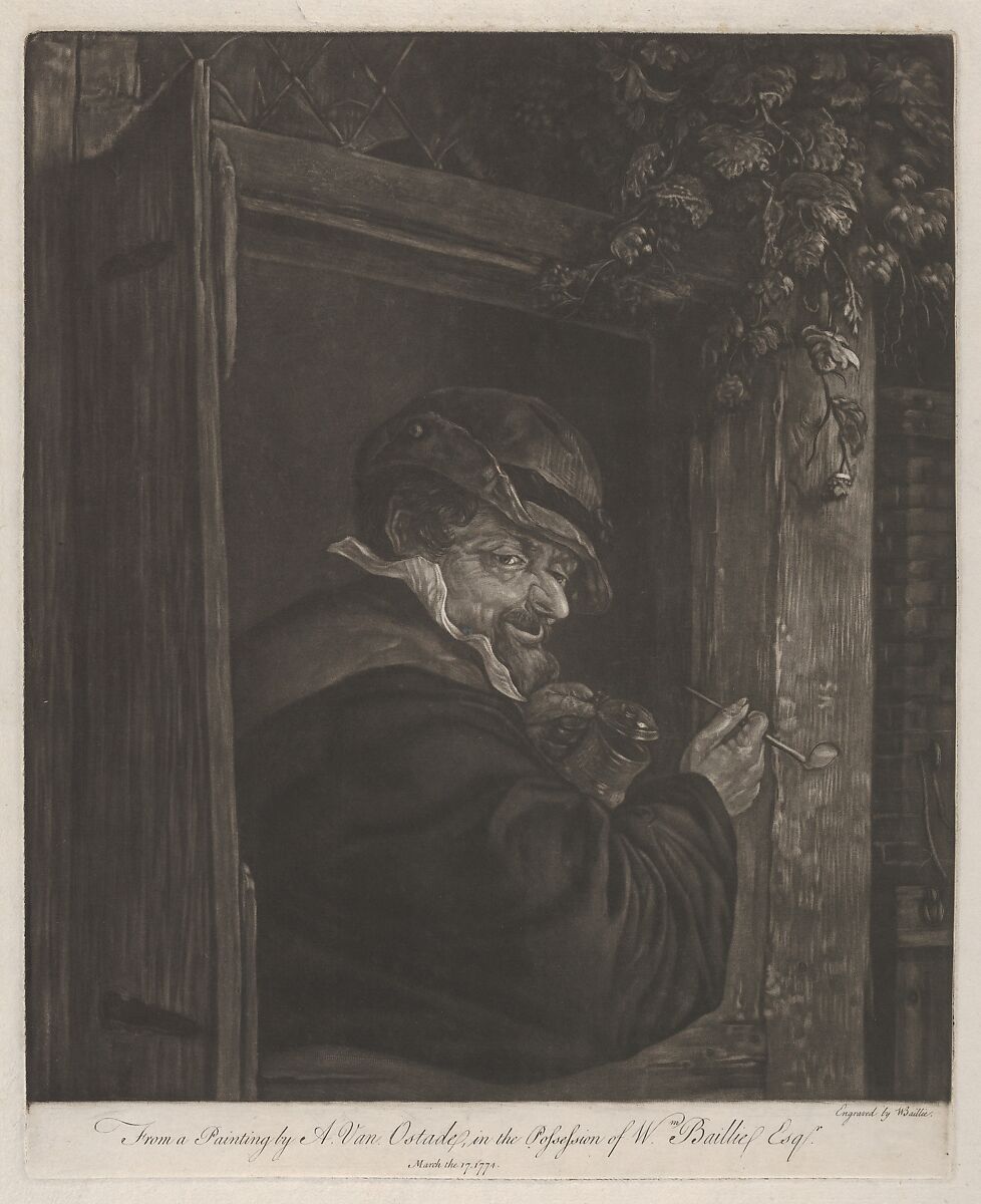 Man Smoking and Drinking at a Window, Captain William E. Baillie (Irish, Kilbride, County Carlow 1723–1810 London), Mezzotint with etching 
