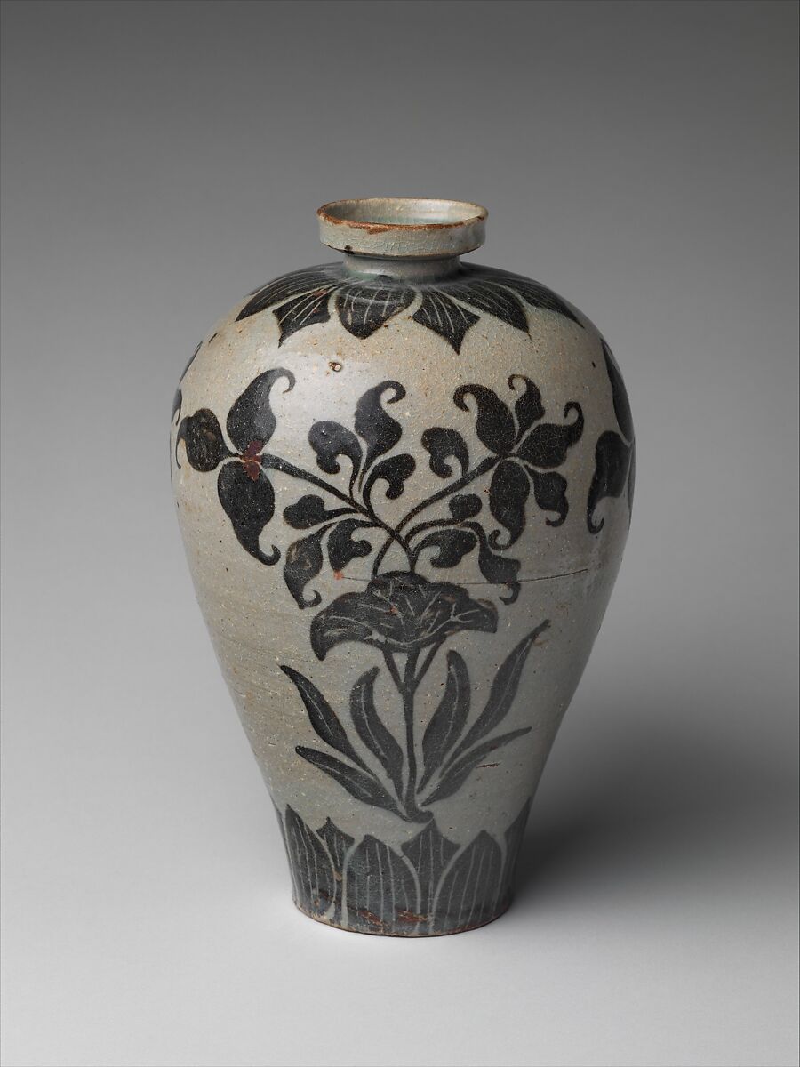 Maebyeong decorated with lotus, Stoneware with iron-brown design under celadon glaze, Korea