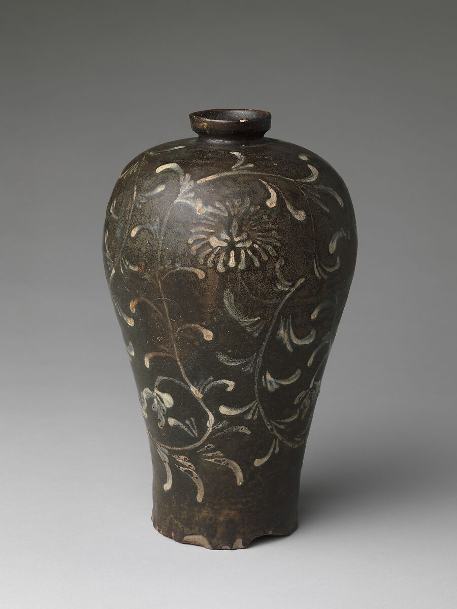 Maebyeong with chrysanthemum decoration, Stoneware with iron-brown and white-slip decoration of chrysanthemums under celadon glaze, Korea 