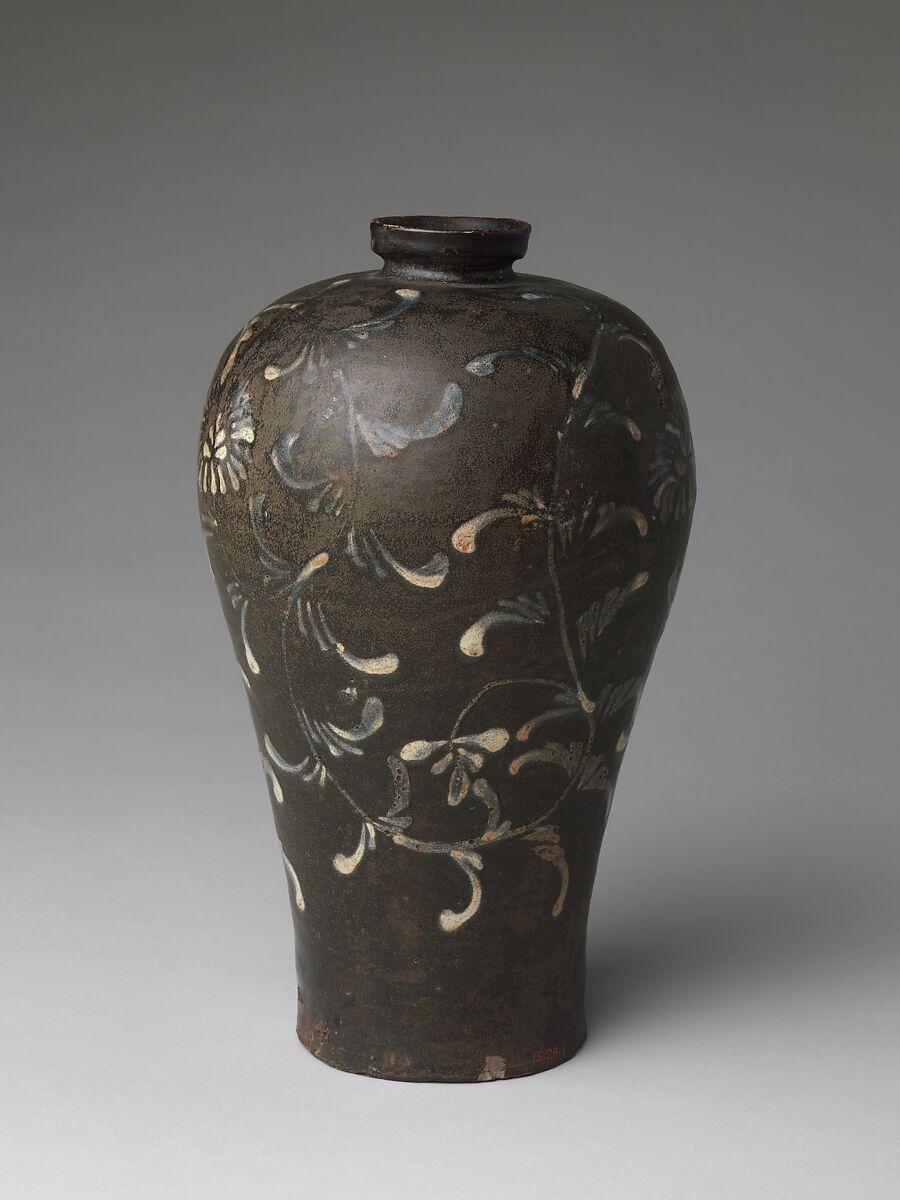 Maebyeong with chrysanthemum decoration, Stoneware with iron-brown and white-slip decoration of chrysanthemums under celadon glaze, Korea