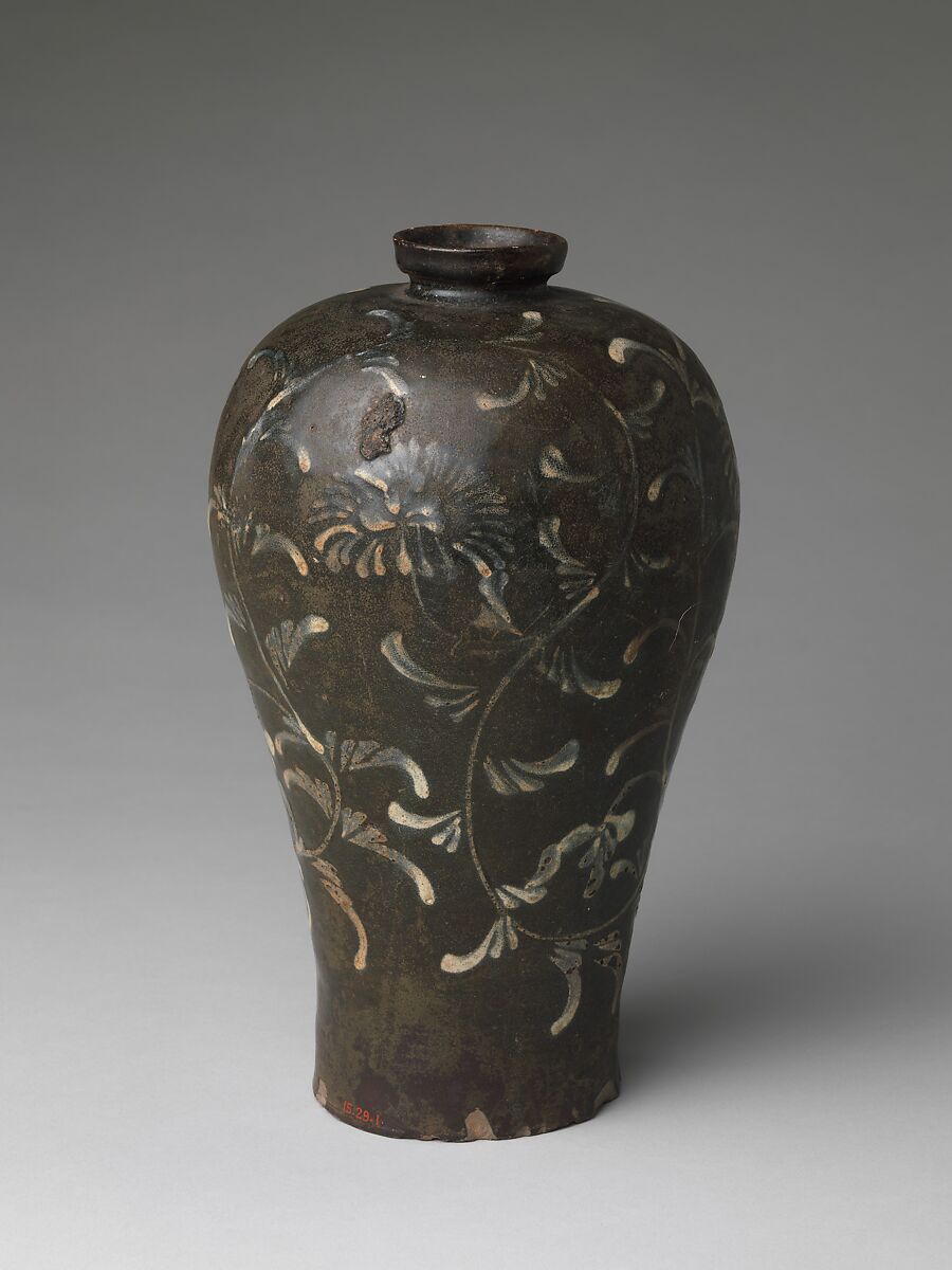 Maebyeong with chrysanthemum decoration, Stoneware with iron-brown and white-slip decoration of chrysanthemums under celadon glaze, Korea