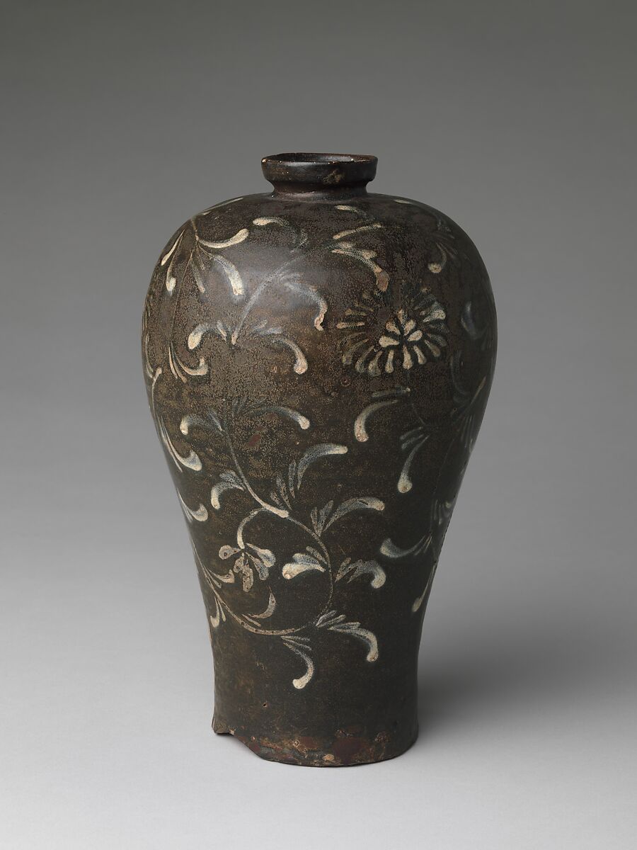 Maebyeong with chrysanthemum decoration, Stoneware with iron-brown and white-slip decoration of chrysanthemums under celadon glaze, Korea