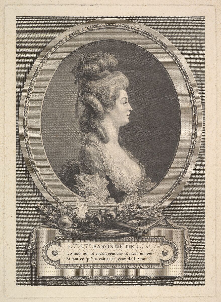 Portrait of Louise Émilie Baronne de ***, Augustin de Saint-Aubin (French, Paris 1736–1807 Paris), Etching; fourth state of five (Bocher) 