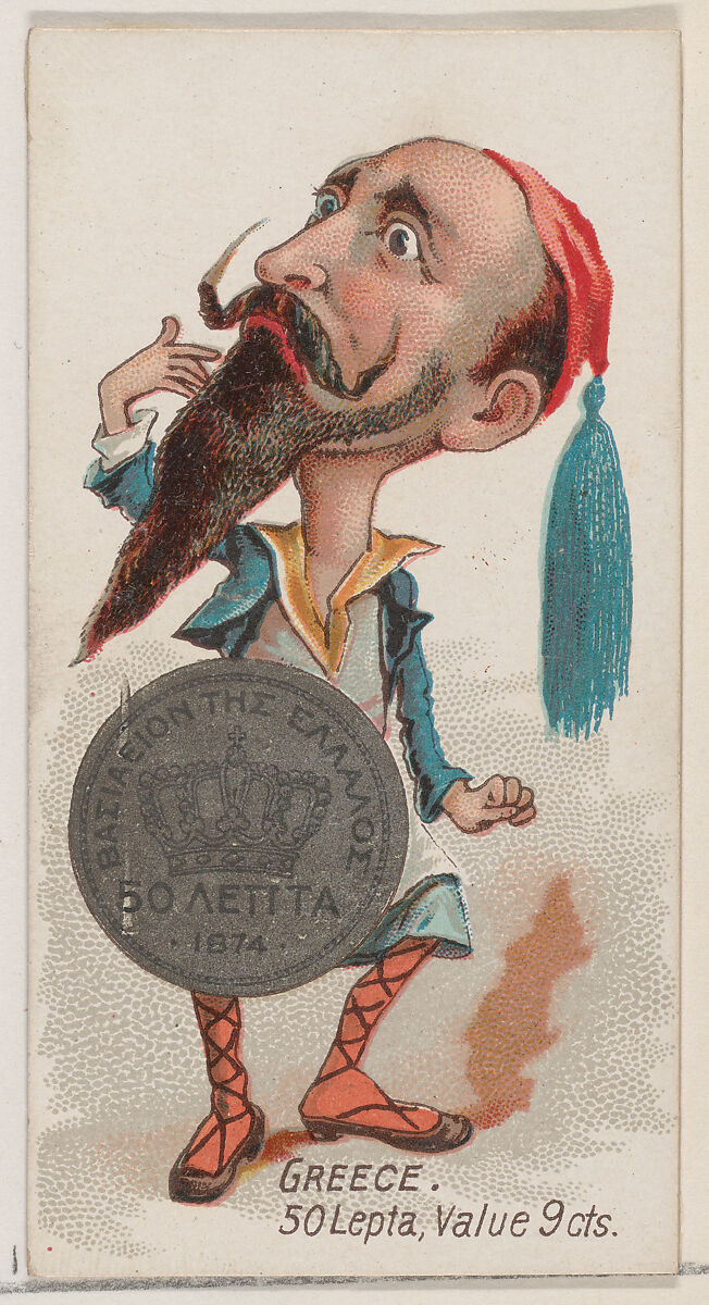 Caricatured Greek figure, 50 Lepta, from the series Coins of All Nations (N72, variation 1) for Duke brand cigarettes, Issued by W. Duke, Sons &amp; Co. (New York and Durham, N.C.), Commercial color lithograph 