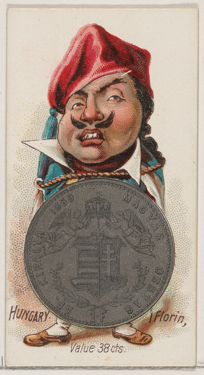 Caricatured Hungarian, 1 Florin, from the series Coins of All Nations (N72, variation 1) for Duke brand cigarettes, Issued by W. Duke, Sons &amp; Co. (New York and Durham, N.C.), Commercial color lithograph 