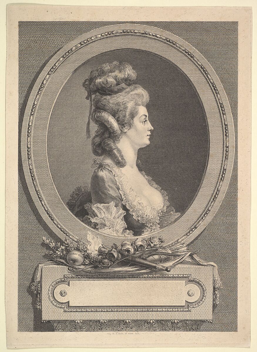 Portrait of Louise Émilie Baronne de ***, Augustin de Saint-Aubin (French, Paris 1736–1807 Paris), Etching; between the second and third state of five (Bocher) 