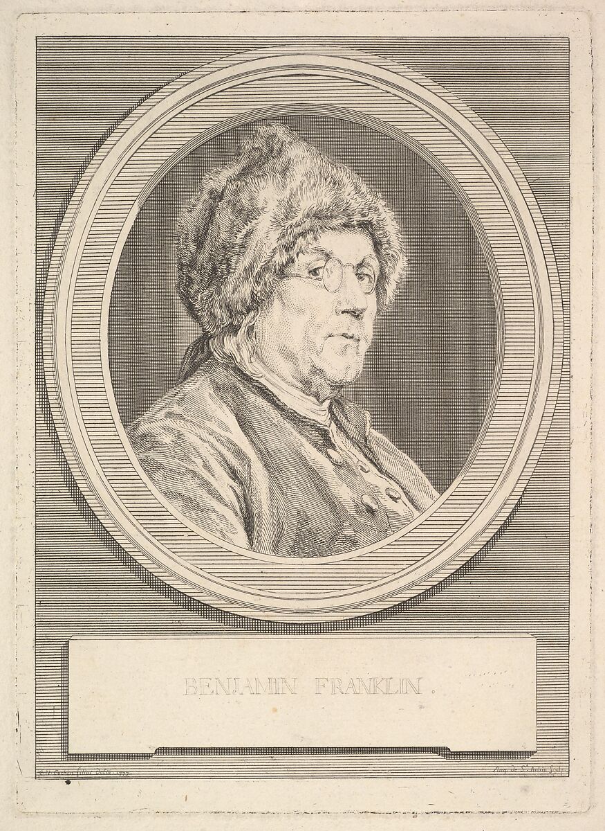 Portrait of Benjamin Franklin, Augustin de Saint-Aubin (French, Paris 1736–1807 Paris), Etching; first state of five (Bocher) 