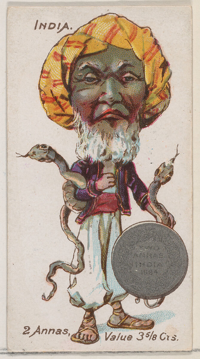 Caricatured Indian, 2 Annas, from the series Coins of All Nations (N72, variation 1) for Duke brand cigarettes, Issued by W. Duke, Sons &amp; Co. (New York and Durham, N.C.), Commercial color lithograph 