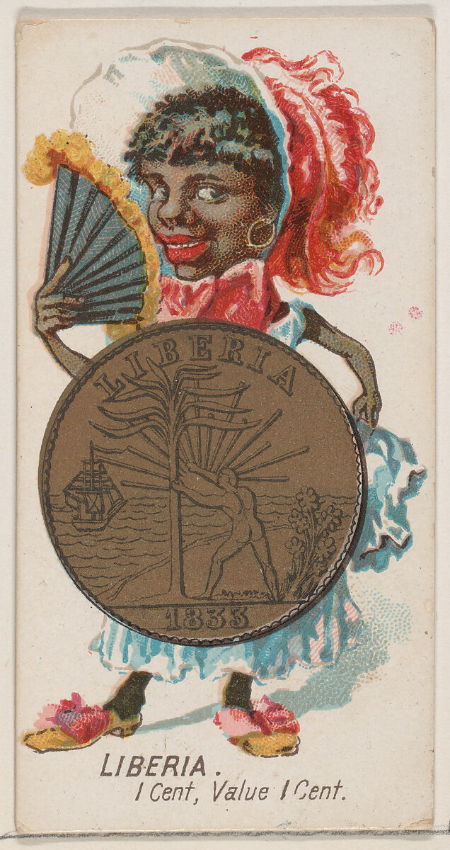 Caricatured Liberian, 1 Cent, from the series Coins of All Nations (N72, variation 1) for Duke brand cigarettes, Issued by W. Duke, Sons &amp; Co. (New York and Durham, N.C.), Commercial color lithograph 