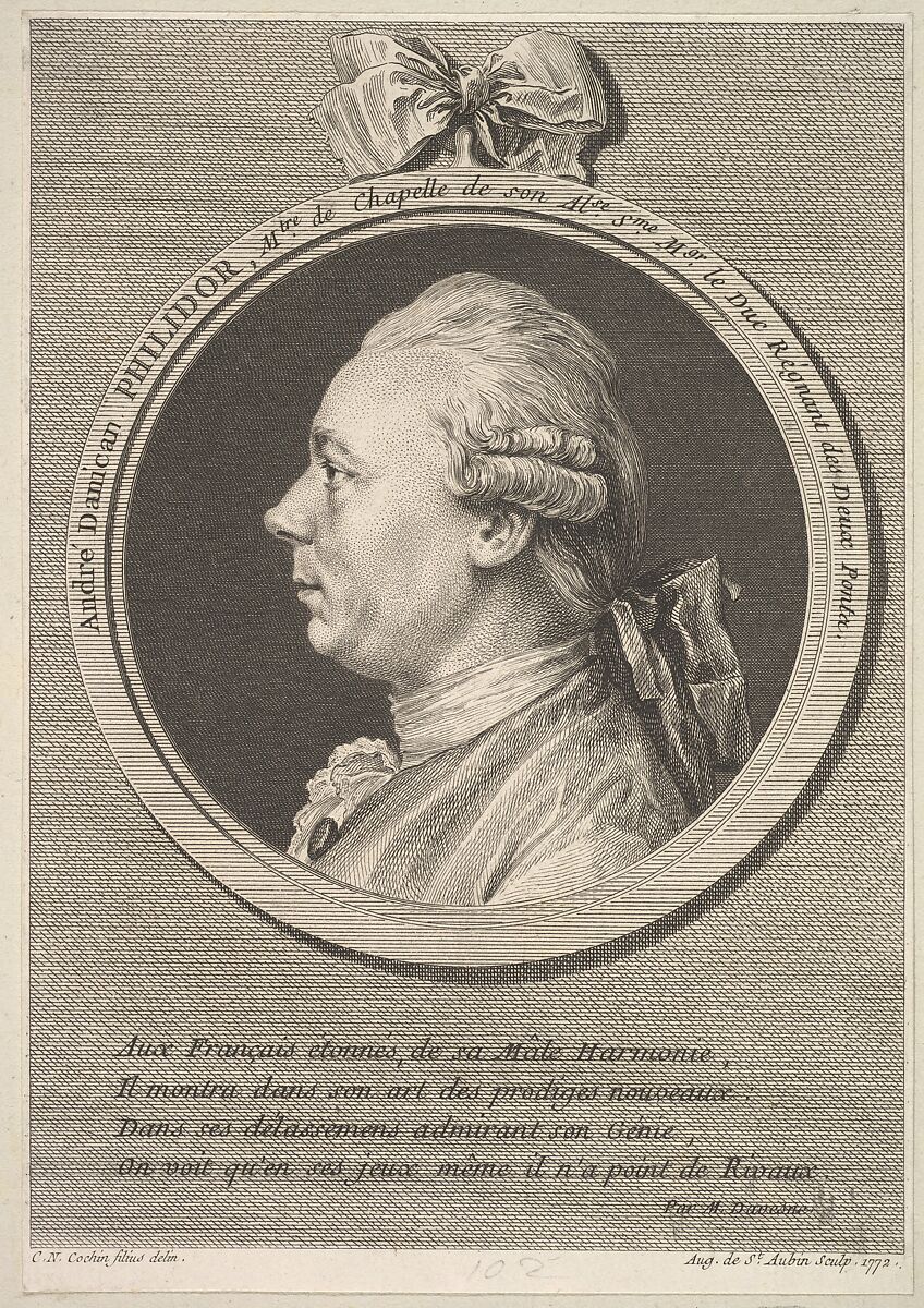 Portrait of André Danican Philidor, Augustin de Saint-Aubin (French, Paris 1736–1807 Paris), Etching and engraving; fourth state of four (Bocher) 