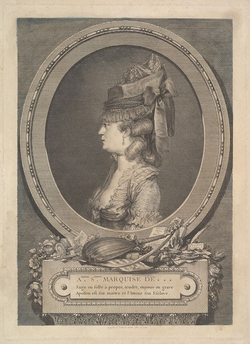 Portrait of Adrienne-Sophie Marquise de ***, Augustin de Saint-Aubin (French, Paris 1736–1807 Paris), Etching; third state of four (Bocher) 
