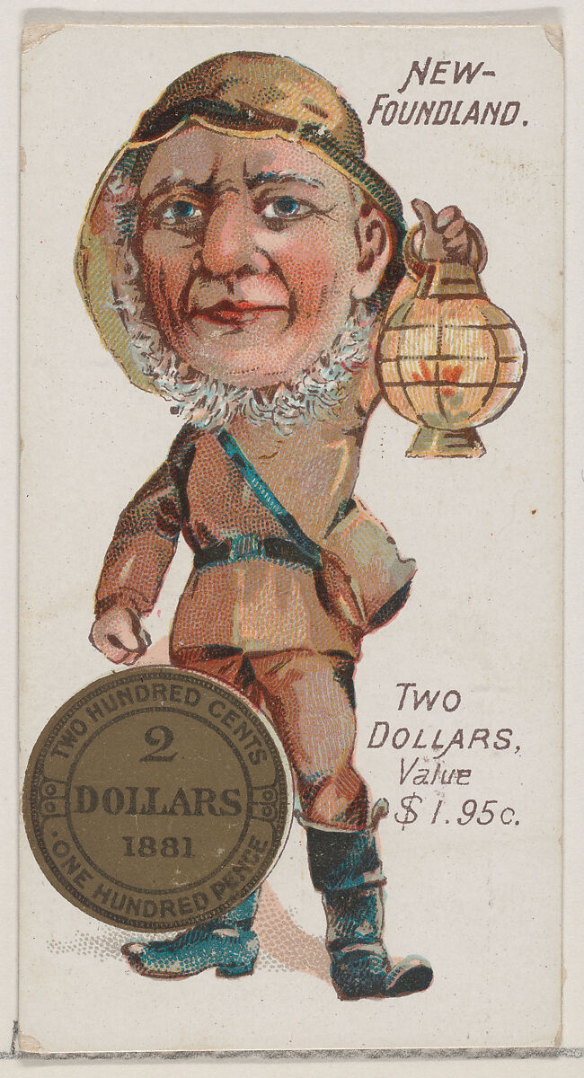 Newfoundland, Two Dollars, from the series Coins of All Nations (N72, variation 1) for Duke brand cigarettes, Issued by W. Duke, Sons &amp; Co. (New York and Durham, N.C.), Commercial color lithograph 