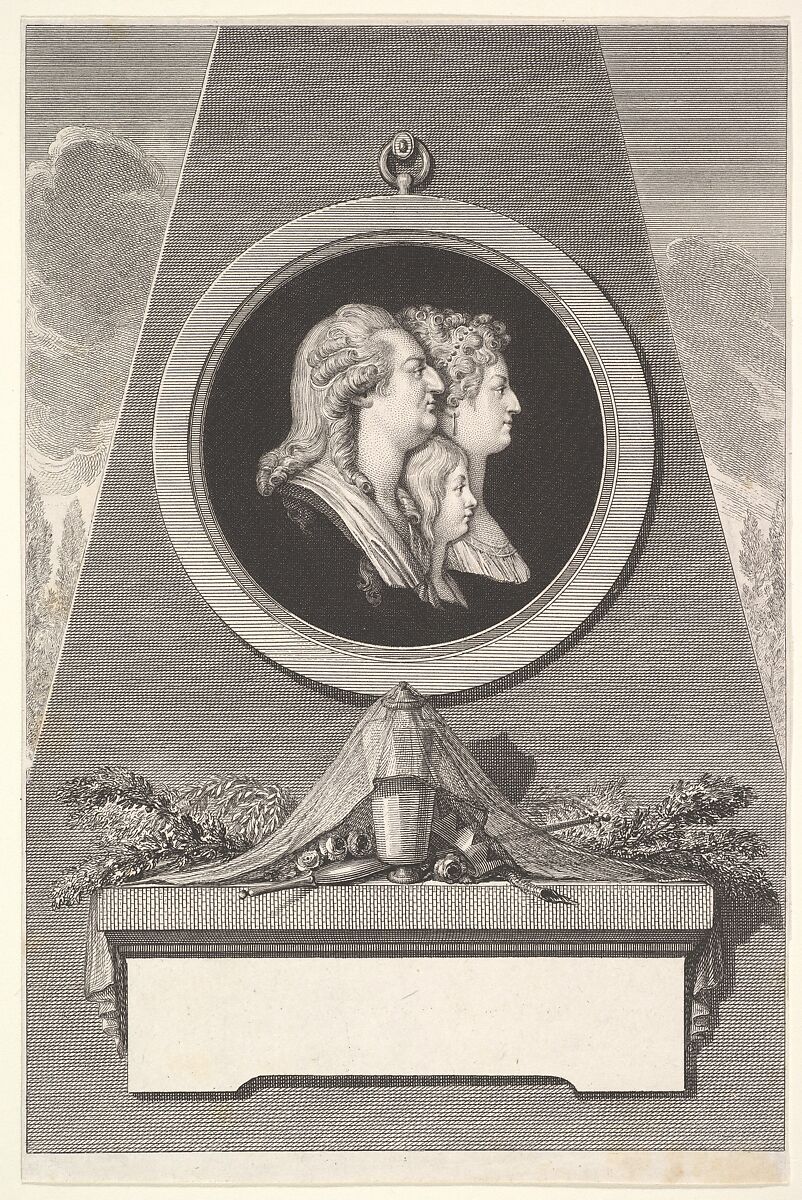 Portrait of Louis XVI, Marie Antoinette and The Dauphin, Augustin de Saint-Aubin (French, Paris 1736–1807 Paris), Etching; second state of six (Bocher) 