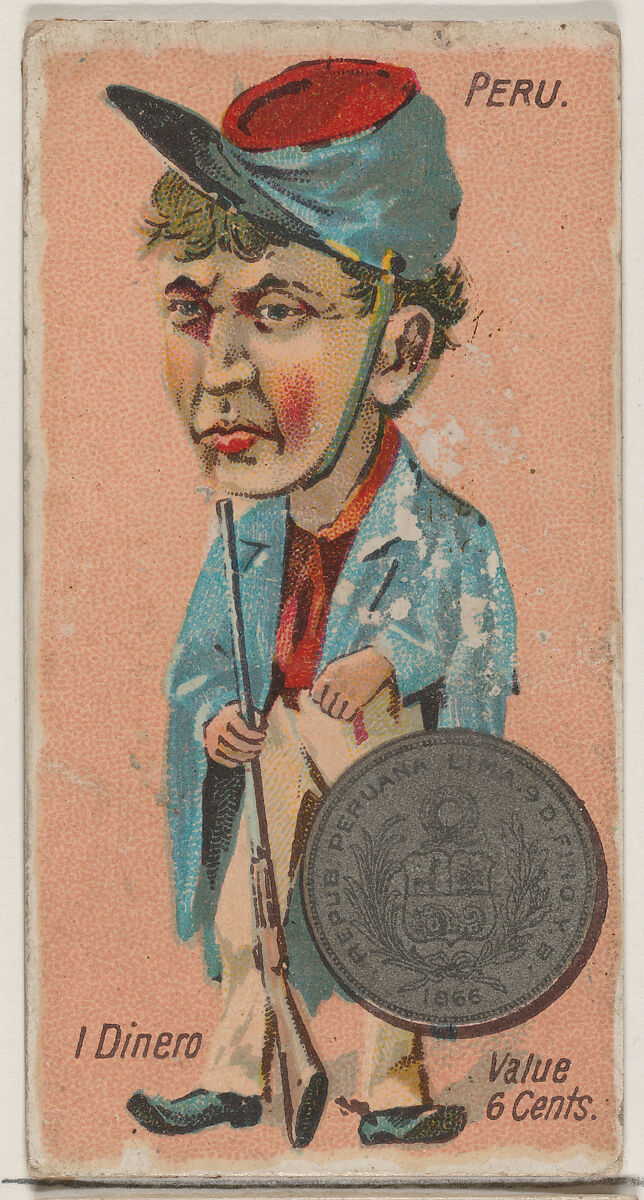 Peru, 1 Dinero, from the series Coins of All Nations (N72, variation 2) for Duke brand cigarettes, Issued by W. Duke, Sons &amp; Co. (New York and Durham, N.C.), Commercial color lithograph 