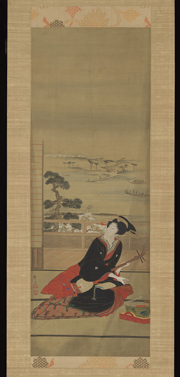 Female Entertainer with Shamisen, Teisai Hokuba (Japanese, 1771–1844), Hanging scroll; ink and color on paper, Japan 