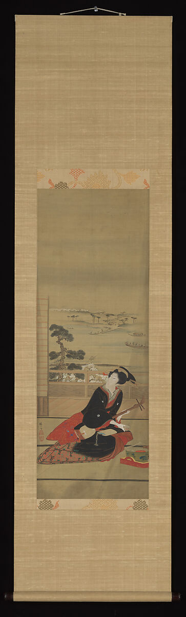 Female Entertainer with Shamisen, Teisai Hokuba (Japanese, 1771–1844), Hanging scroll; ink and color on paper, Japan