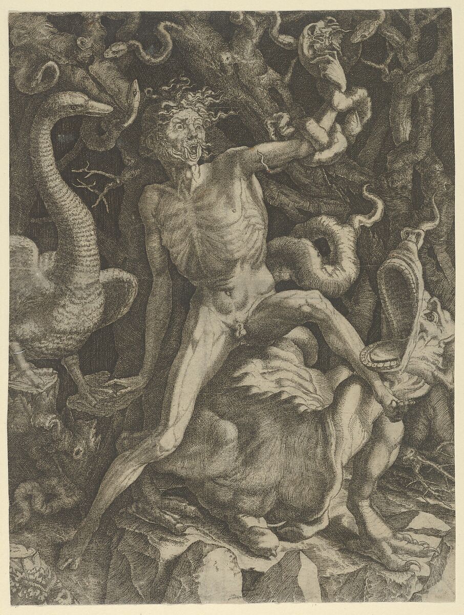 Fury personified as an emaciated man astride a monster, holding a skull in his raised left hand, Giovanni Jacopo Caraglio (Italian, Parma or Verona ca. 1500/1505–1565 Krakow (?)), Engraving 