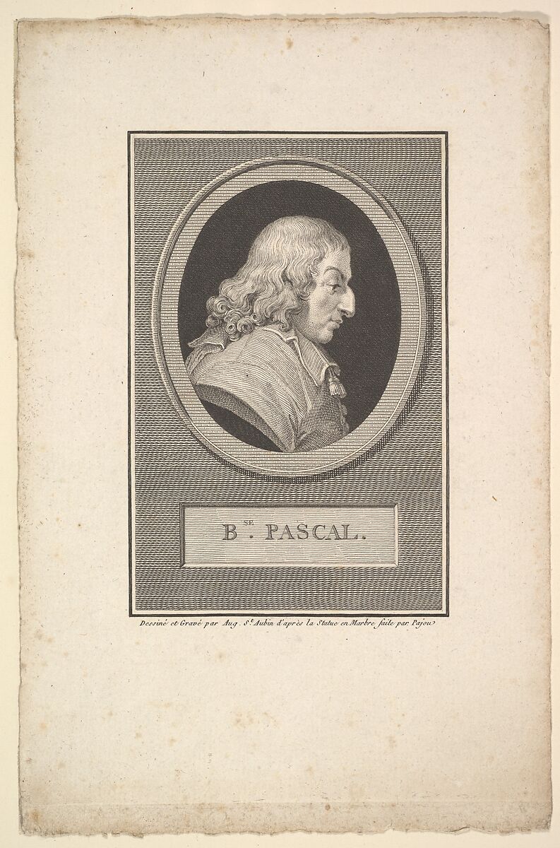 Portrait of Blaise Pascal, Augustin de Saint-Aubin (French, Paris 1736–1807 Paris), Etching and engraving; third state of three (Bocher) 