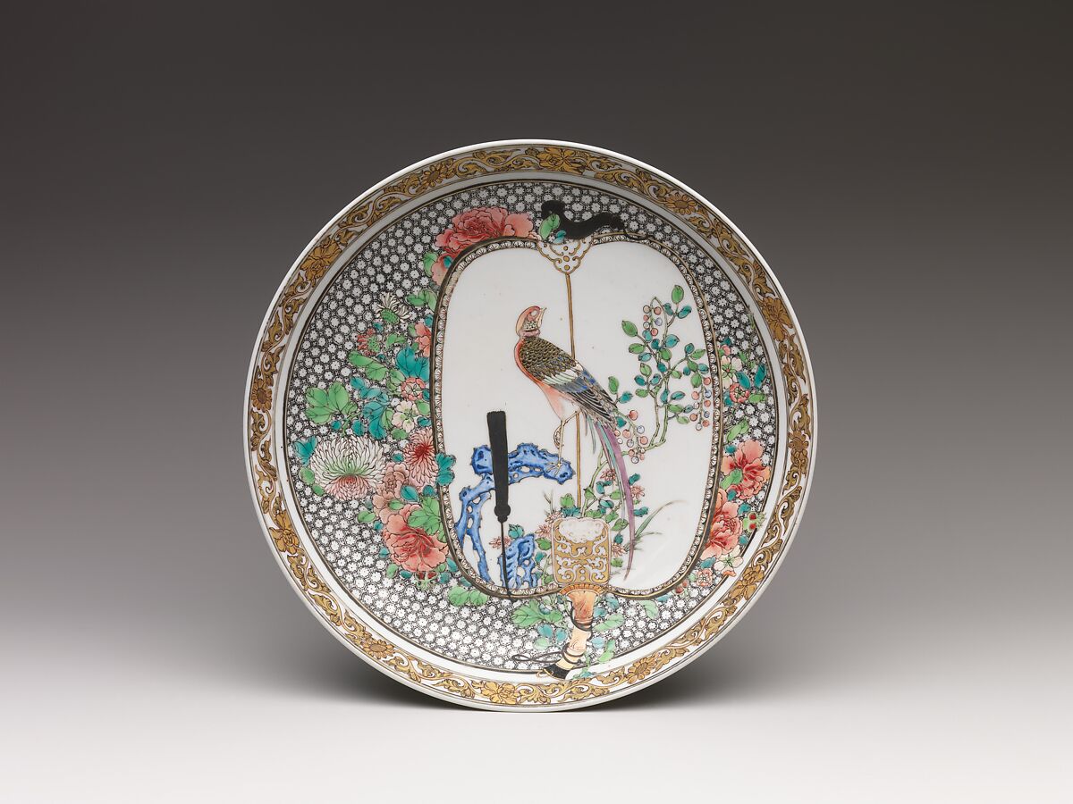 Dish with pheasant and flowers on fan, Porcelain painted in overglaze polychrome enamels, gold, and silver (Jingdezhen ware), China 