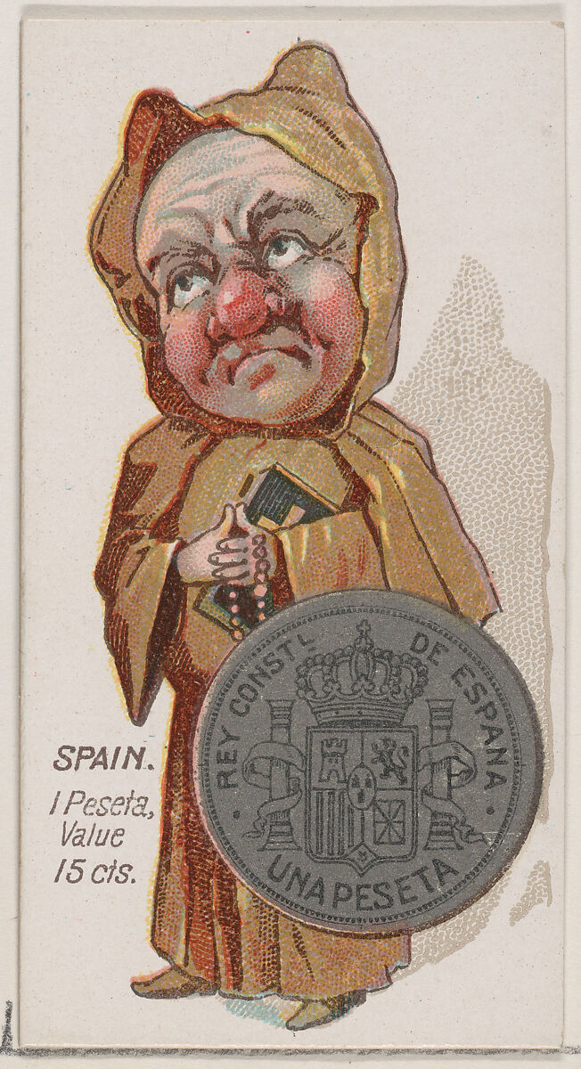 Caricatured Spaniard, 1 Peseta, from the series Coins of All Nations (N72, variation 1) for Duke brand cigarettes, Issued by W. Duke, Sons &amp; Co. (New York and Durham, N.C.), Commercial color lithograph 