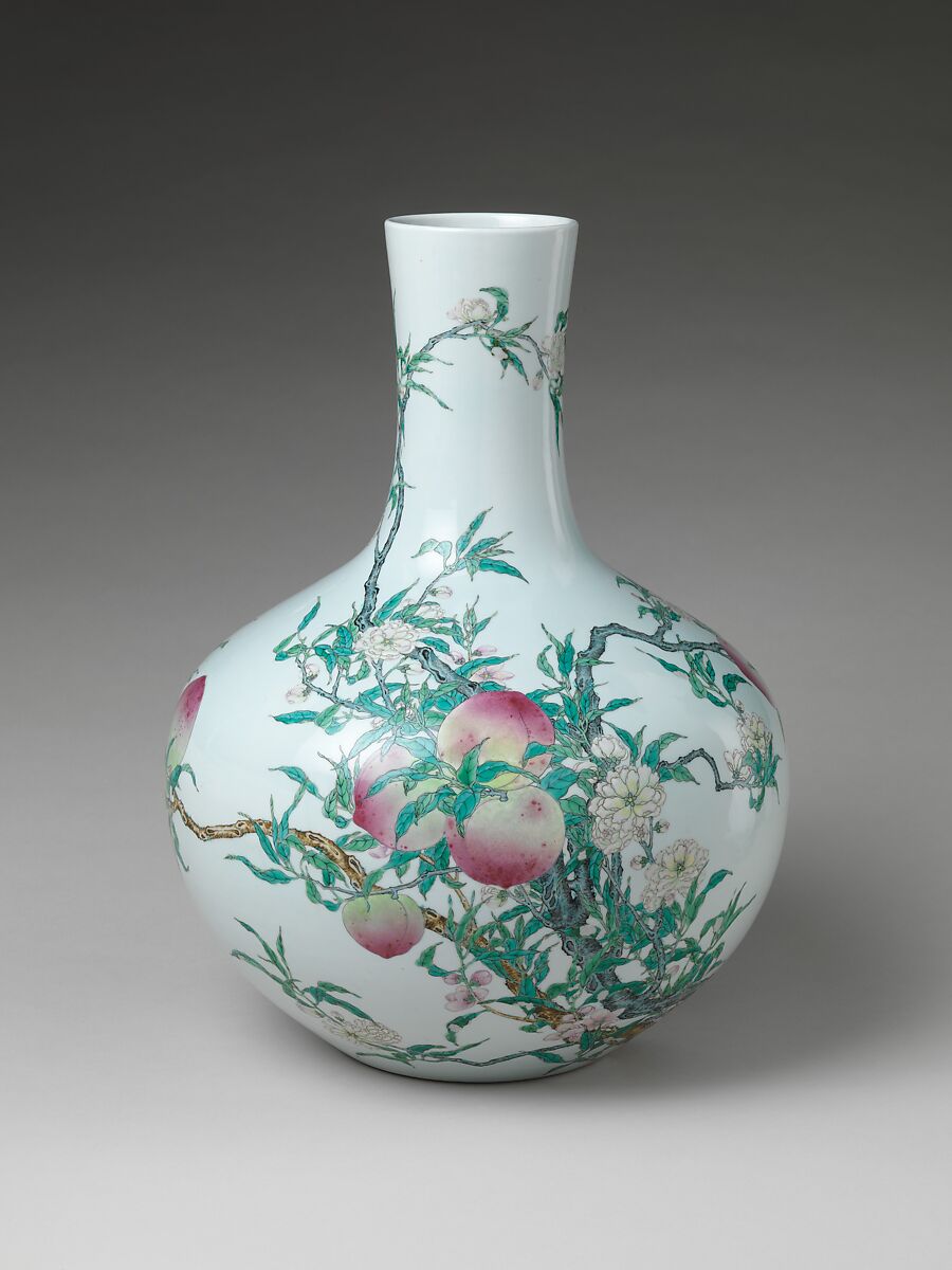Vase with Nine Peaches, Porcelain painted with colored enamels over transparent glaze (Jingdezhen ware), China