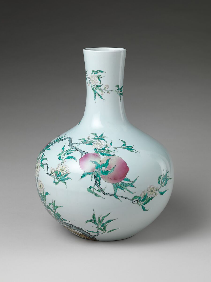 Vase with Nine Peaches, Porcelain painted with colored enamels over transparent glaze (Jingdezhen ware), China 