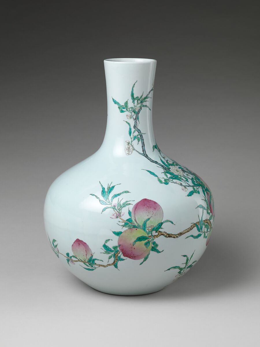 Vase with Nine Peaches, Porcelain painted with colored enamels over transparent glaze (Jingdezhen ware), China