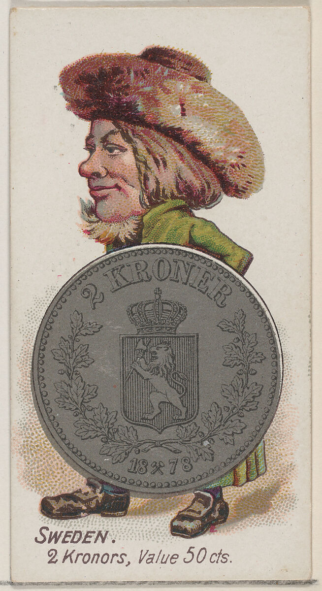 Sweden, 2 Kronors, from the series Coins of All Nations (N72, variation 1) for Duke brand cigarettes, Issued by W. Duke, Sons &amp; Co. (New York and Durham, N.C.), Commercial color lithograph 
