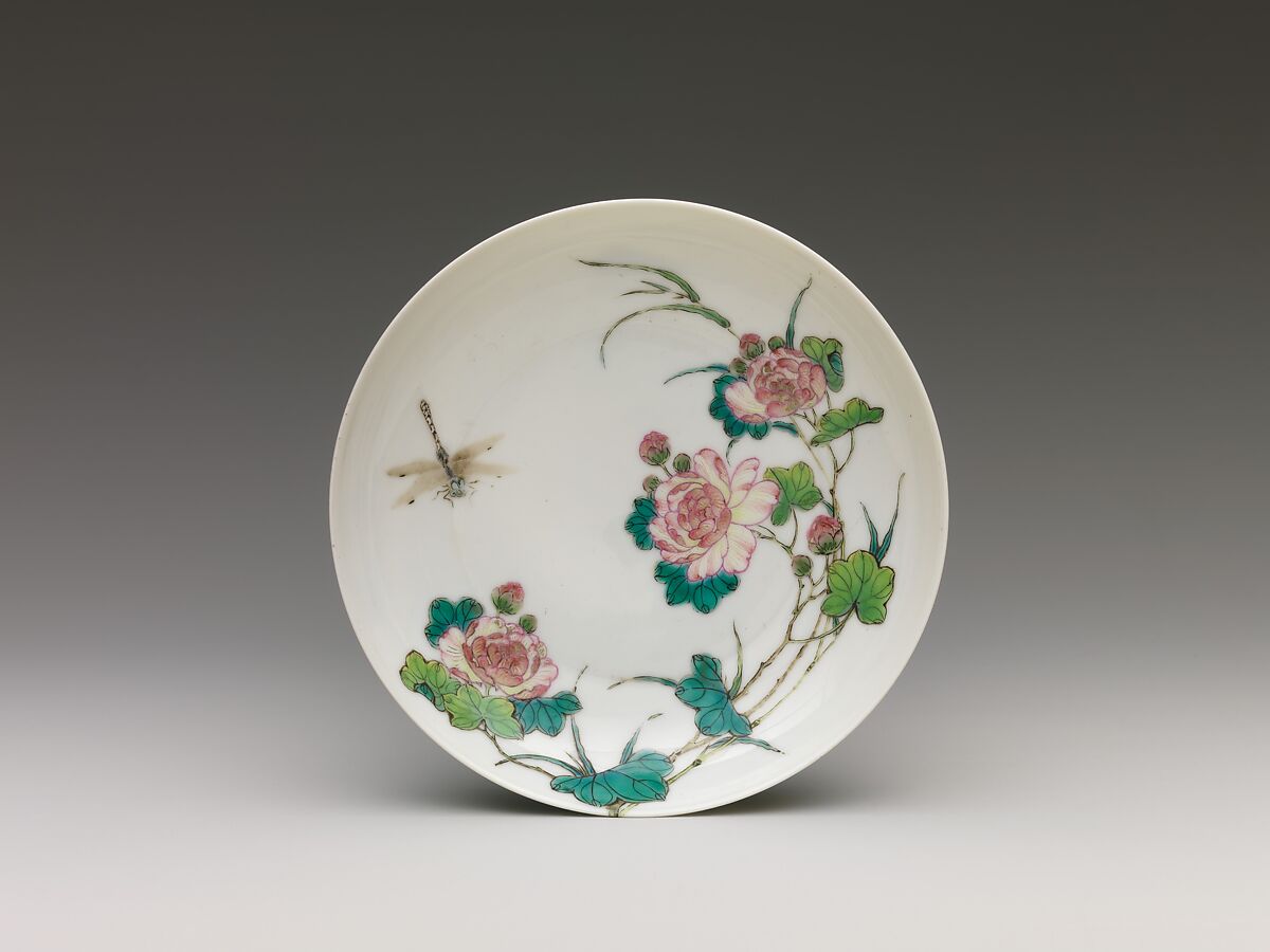 Dish with peonies and dragonfly, Porcelain painted in overglaze polychrome enamels, China 