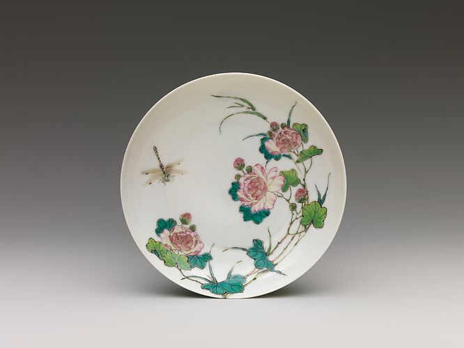 Dish with peonies and dragonfly