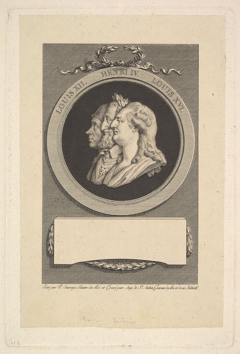 Portrait of Louis XVI, Henri IV, and Louis XII, Augustin de Saint-Aubin (French, Paris 1736–1807 Paris), Etching and engraving; fourth state of six (Bocher) 
