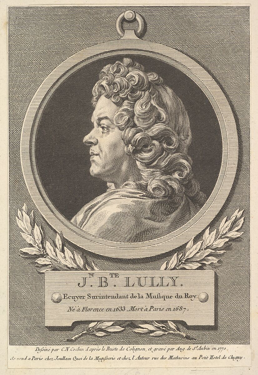 Portrait of Jean-Baptiste Lully, Augustin de Saint-Aubin (French, Paris 1736–1807 Paris), Etching and engraving; fourth state four (Bocher) 