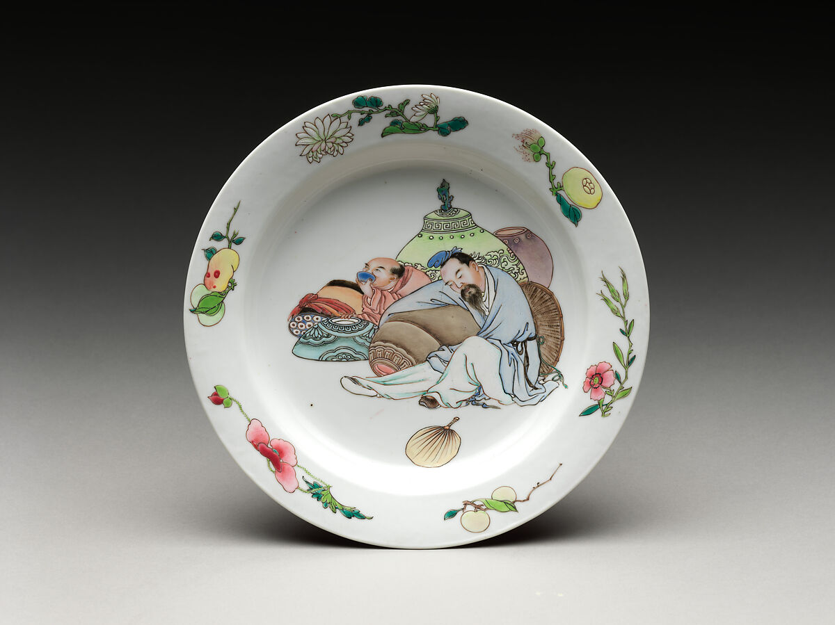 Plate with a drunken scholar and an attendant, Porcelain painted with overglaze polychrome enamels (Jingdezhen ware), China