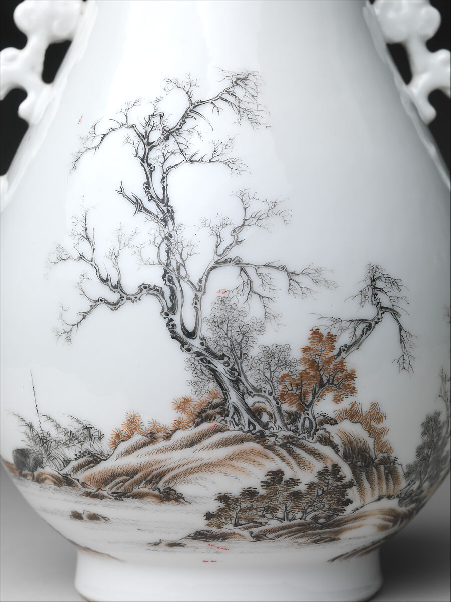 Vase with gentlemen in a landscape (one of a pair), Porcelain painted in overglaze black and red enamels (Jingdezhen ware), China
