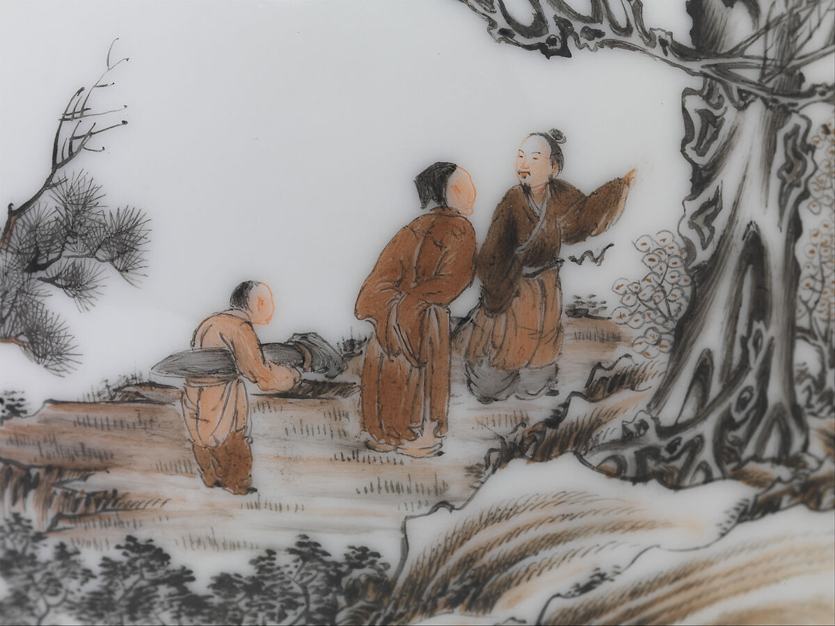 Vase with gentlemen in a landscape (one of a pair), Porcelain painted in overglaze black and red enamels (Jingdezhen ware), China