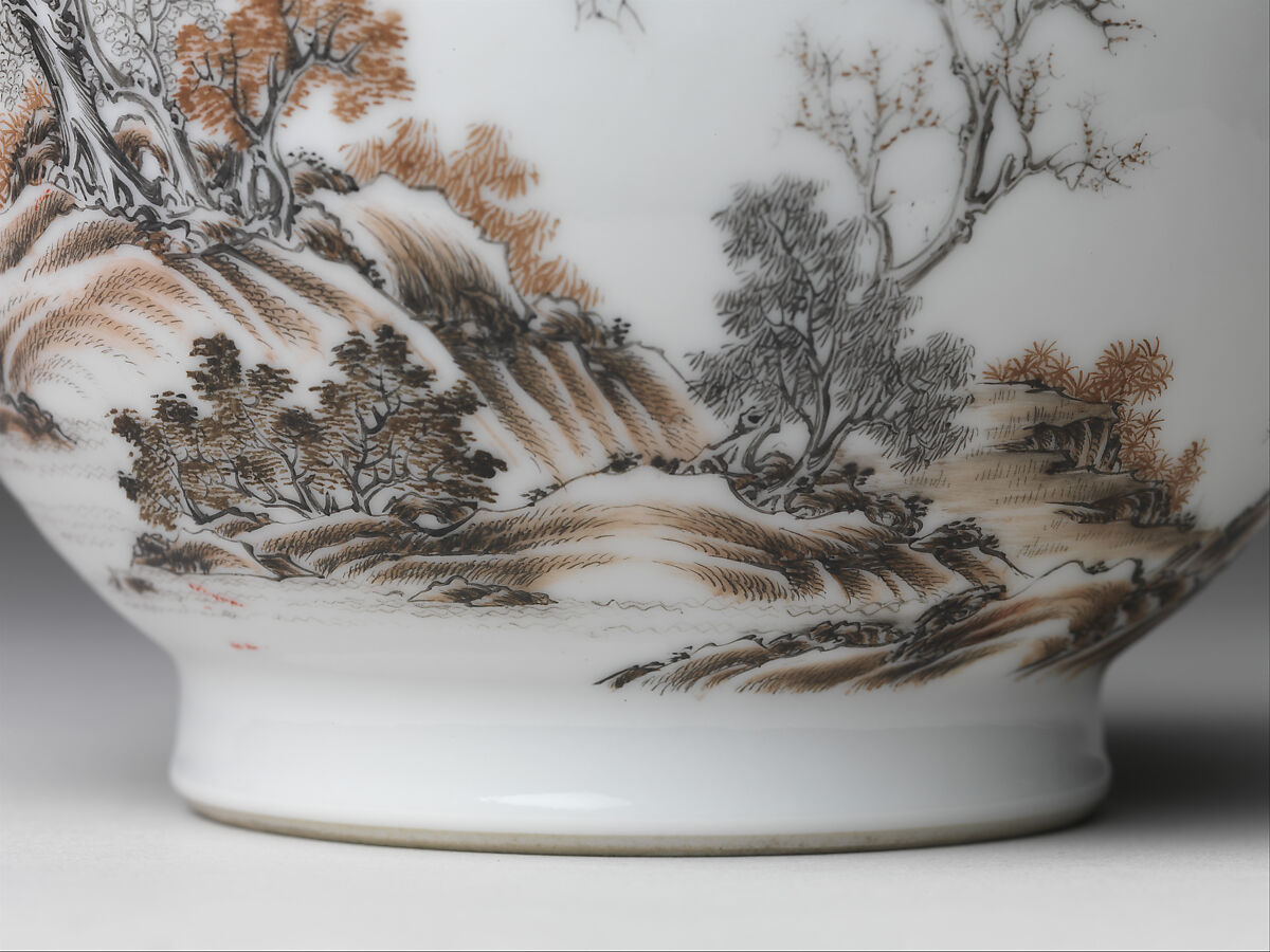 Vase with gentlemen in a landscape (one of a pair), Porcelain painted in overglaze black and red enamels (Jingdezhen ware), China