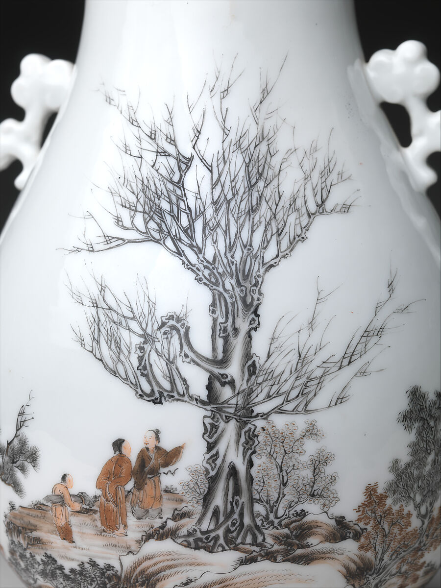 Vase with gentlemen in a landscape (one of a pair), Porcelain painted in overglaze black and red enamels (Jingdezhen ware), China