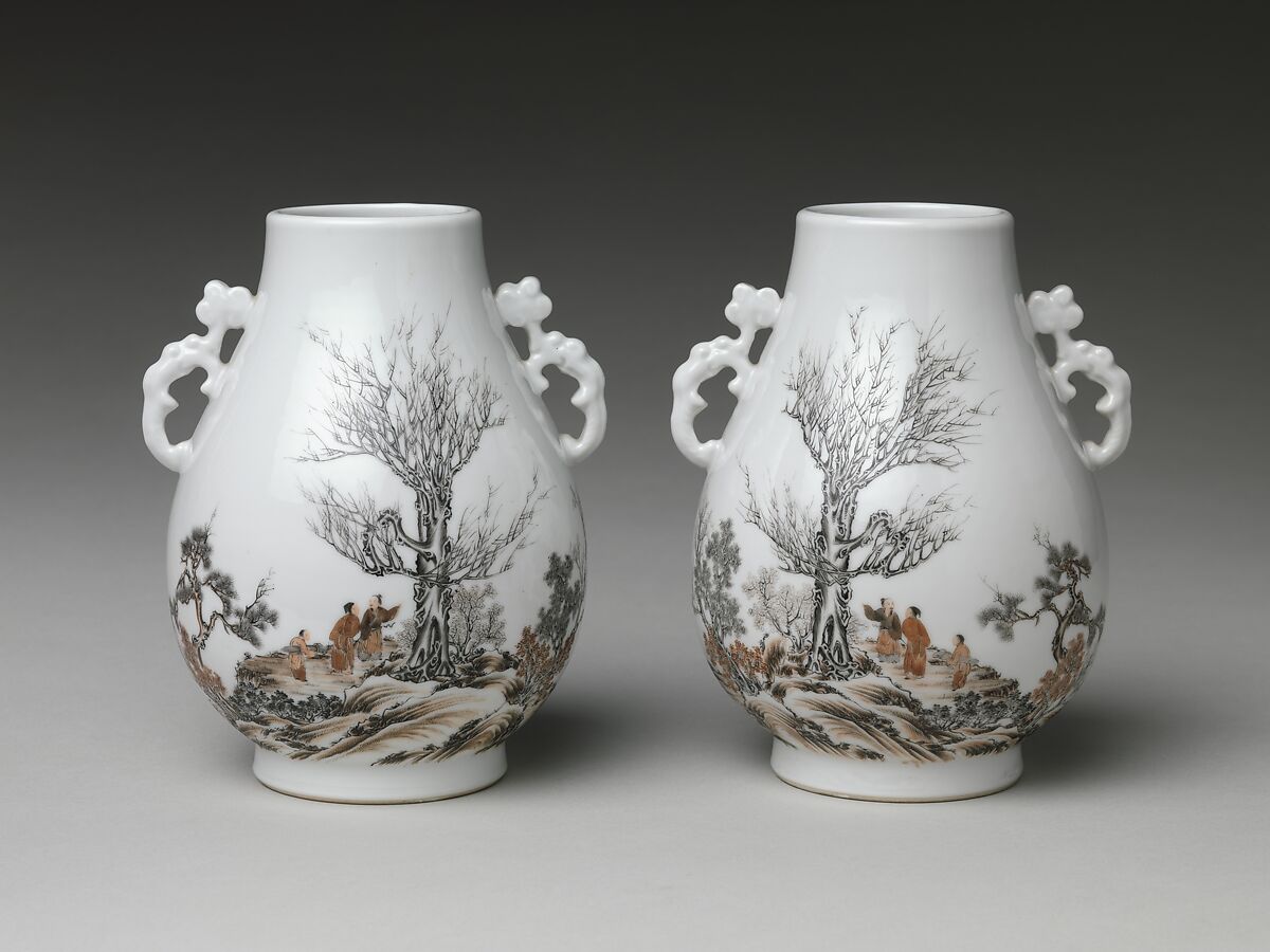 Vase with gentlemen in a landscape (one of a pair), Porcelain painted in overglaze black and red enamels (Jingdezhen ware), China
