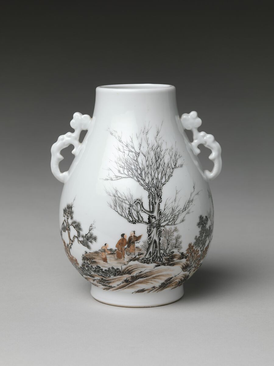Vase with gentlemen in a landscape (one of a pair), Porcelain painted in overglaze black and red enamels (Jingdezhen ware), China 