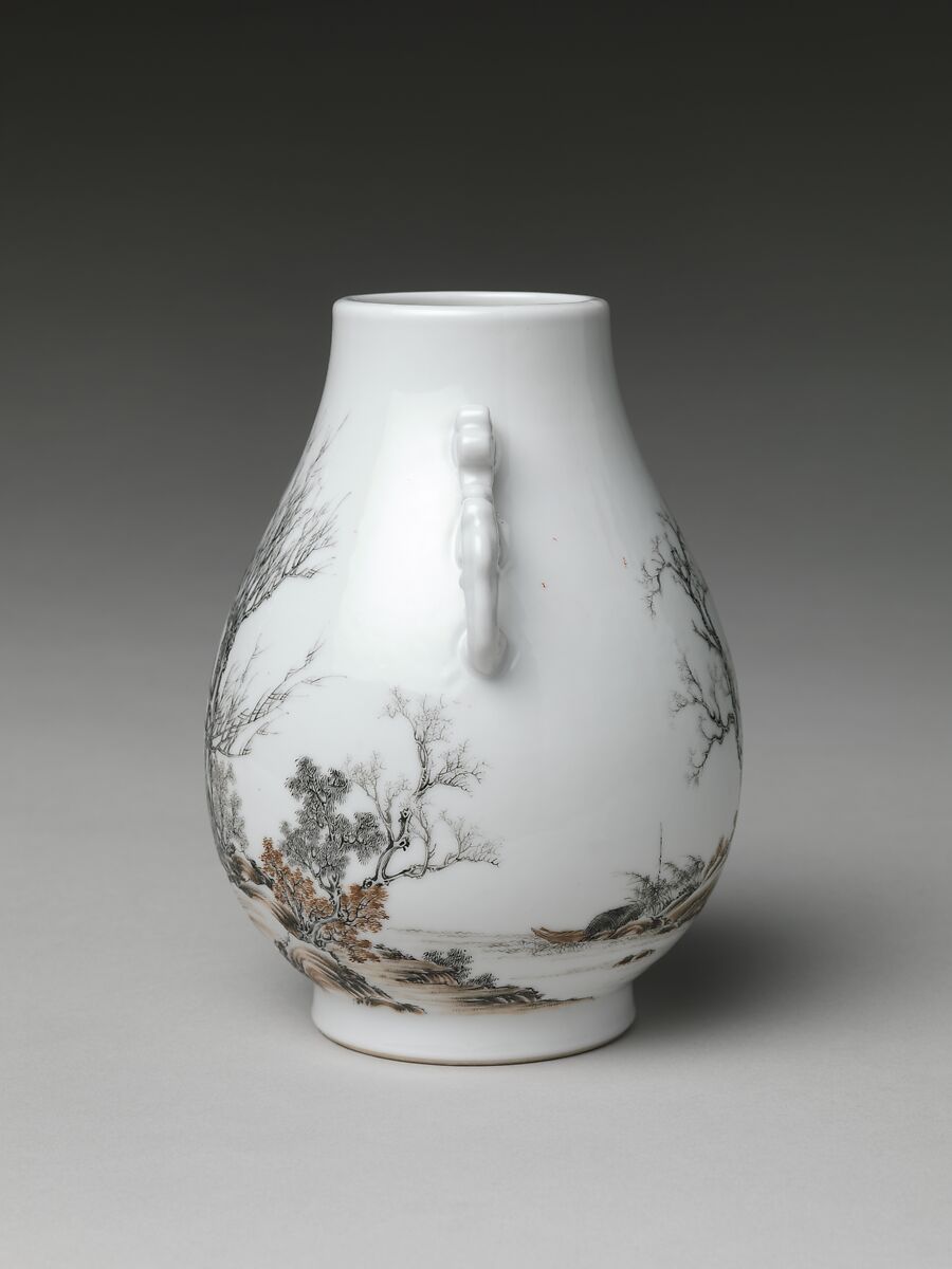 Vase with gentlemen in a landscape (one of a pair), Porcelain painted in overglaze black and red enamels (Jingdezhen ware), China